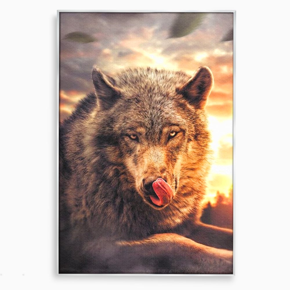Tablou canvas cu tablou canvas cu lup salbatic la apus, in rama de aluminiu argintiu